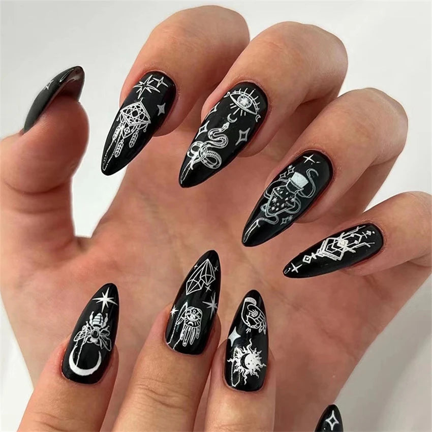 24Pcs/Set Dark Punk Skeleton Long Ballet Fake Nails Art Coffin Wearing Press on Nails False Artifical Acrylic Fake Nail Kits