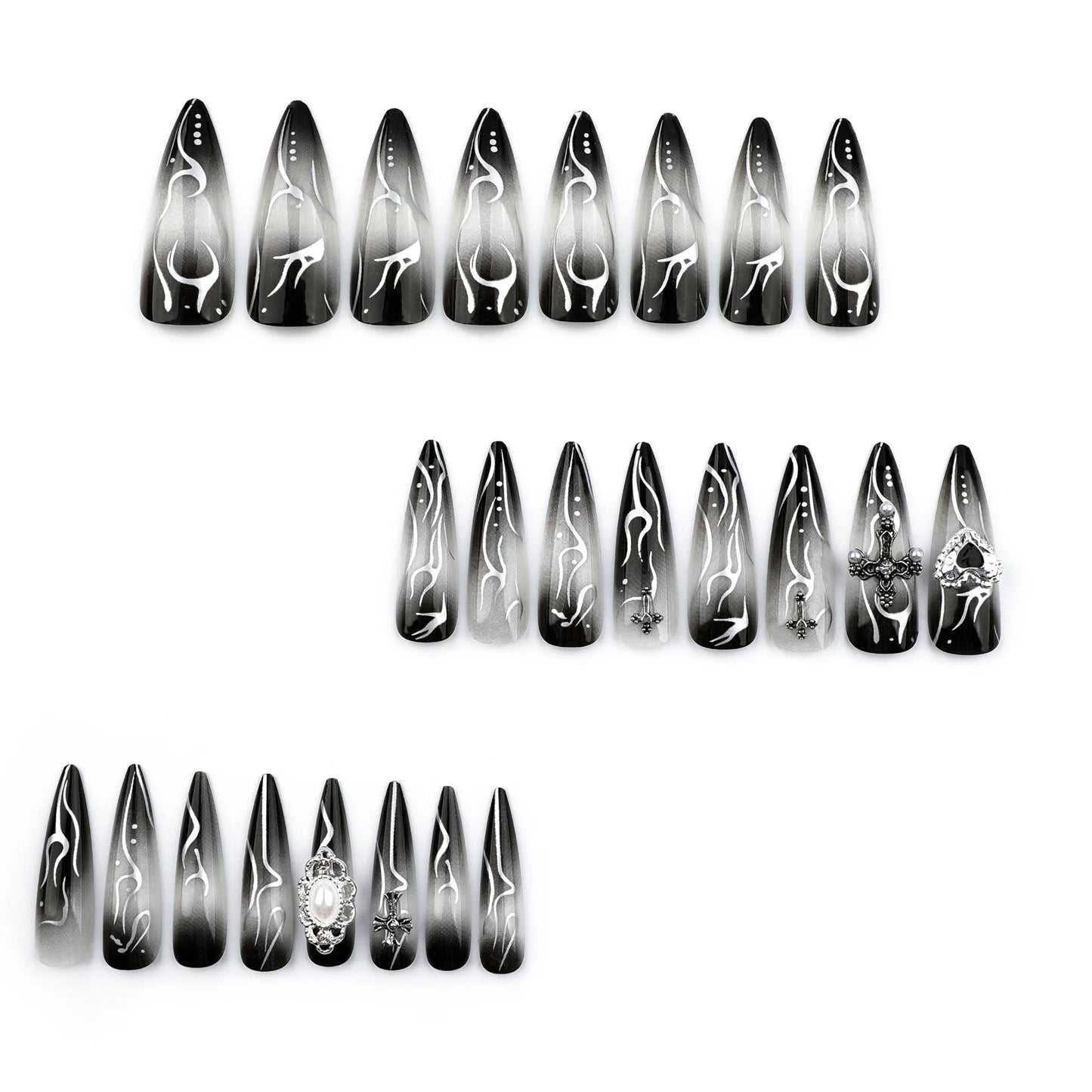 24pcs Long Almond Fake Nails Gothic Dark Black Style Press on Nails Full Cover Wearable European Heavy Metal False Nail Tips