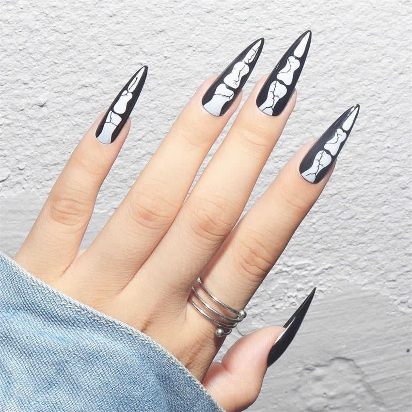 24Pcs/Set Dark Punk Skeleton Long Ballet Fake Nails Art Coffin Wearing Press on Nails False Artifical Acrylic Fake Nail Kits