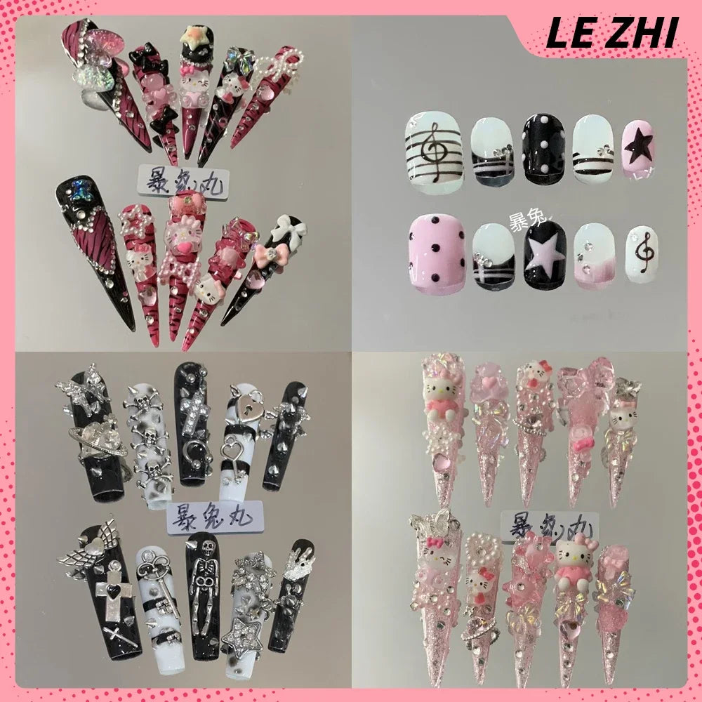 3D Punk Metal Gothic Press On Nail Art Hello Kitty Stiletto Black White Simple Camellia Design Rhinestone Nails Sticker Girls