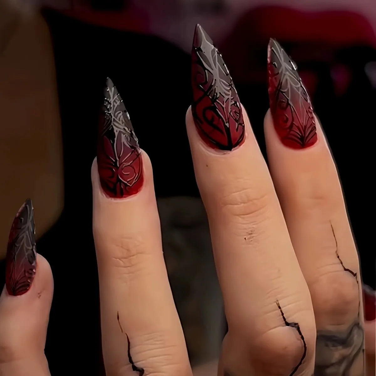 24pcs Red Black Gradient Gothic Fake Nails Press on Nails Long Almond Tree Stripes Designs Ins Punk Frosted False Nails Stiletto