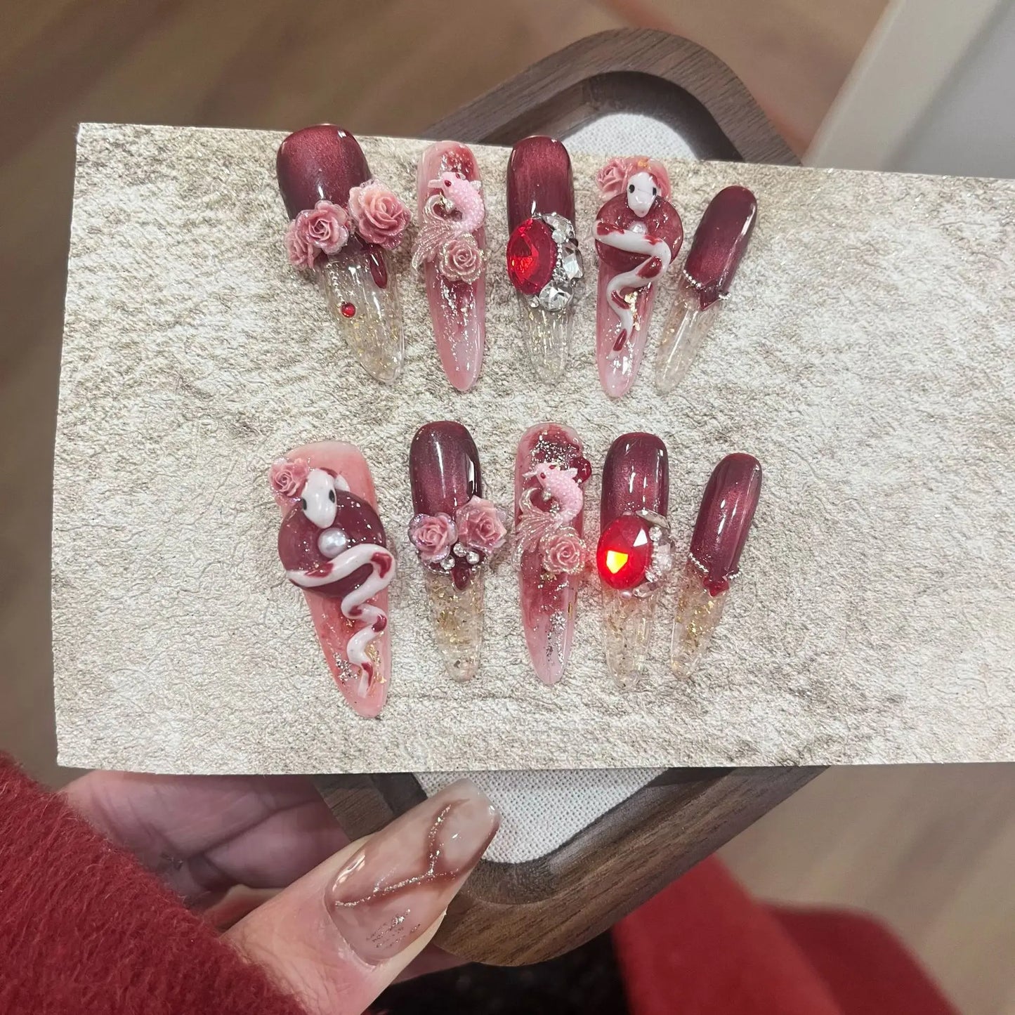 Long Stiletto Press on Fake Nails Blue Heart Diamond Bow Decoration False Nail Y2K Fashion Artificial Nail Handmade Acrylic Nail