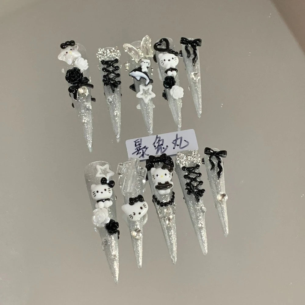 Y2K Punk Style Long Coffin Stiletto Handmade Fake Nails Spice Girls 3D Hello Kitty Flowers Heavy Metal Diamond Wearable Nails