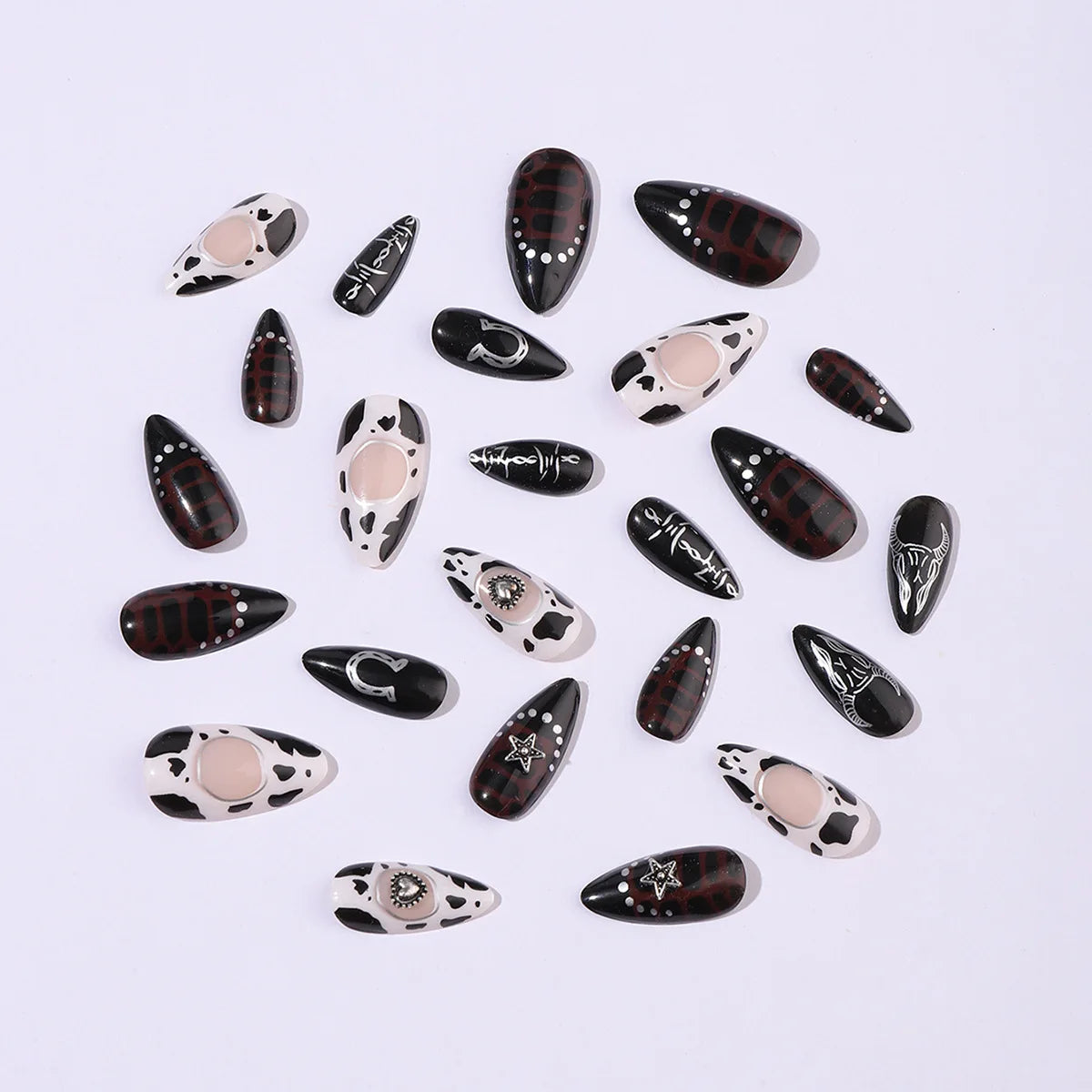 24pcs Gothic Punk Press on Nails Black White Cow Print Baroque Fake Nails for Women Girls Wearable French Almond False Nails