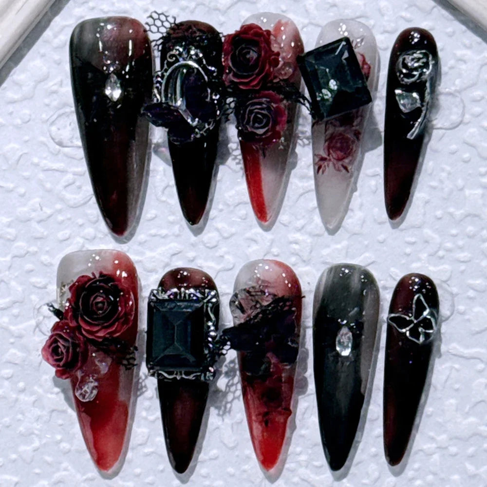 10Pcs Gothic Long Pointed Shape Pure Handmade Press On Nails Y2K Metal Chain Butterfly Knot Full Cover Fake Nails Gift Sticker