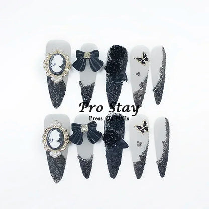 10pcs Dark black Y2k Hot Girl Handmade Press On Nails Sweet Cool  With Diamond Metal Decoration Wearable Artificial False Nail