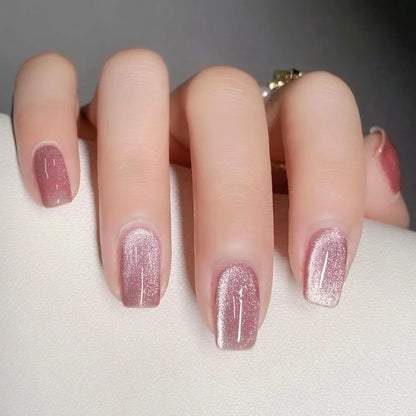 Fake Nails Square Head Cat's Eye French Nail Glitter Powder Press on Nails Waterproof Faux Fingernails False Nails