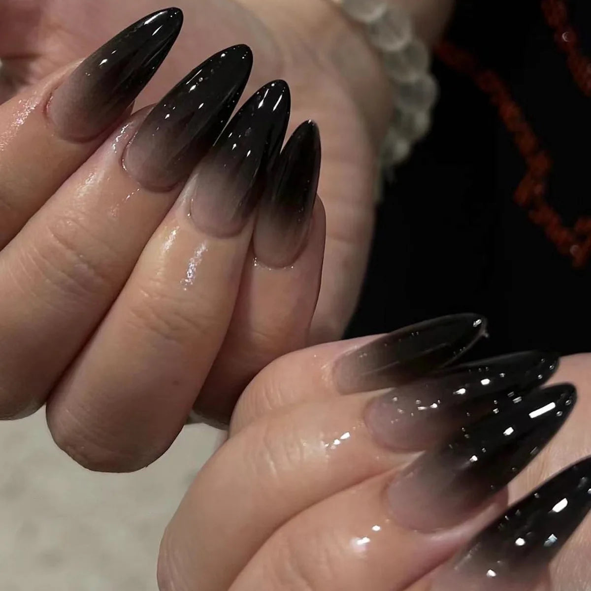24pcs Long Pointed Fake Nail Patches Glossy Dark Black Cool Wearable Press ON Nails Solid Color Full Cover Artificial False Nail