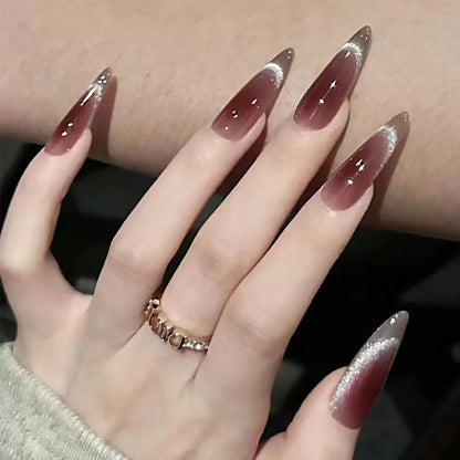 24pcs Long Pointed Fake Nail Patches Glossy Dark Black Cool Wearable Press ON Nails Solid Color Full Cover Artificial False Nail