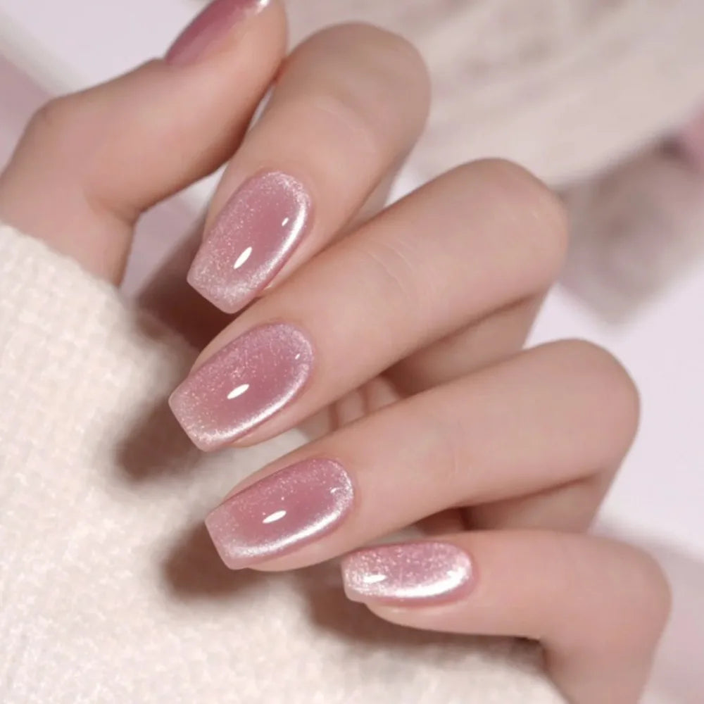 Fake Nails Square Head Cat's Eye French Nail Glitter Powder Press on Nails Waterproof Faux Fingernails False Nails