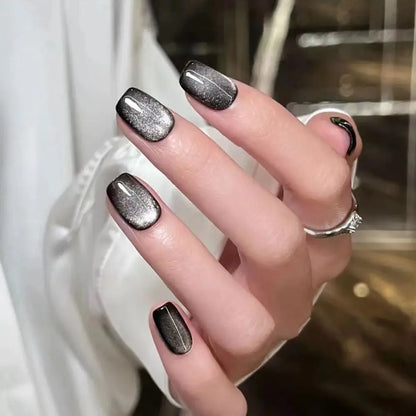 Fake Nails Square Head Cat's Eye French Nail Glitter Powder Press on Nails Waterproof Faux Fingernails False Nails