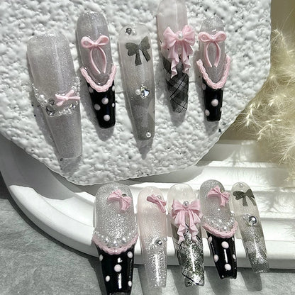 10PCS Y2K Black Pink French Handmade Press On Nails Cute Lace Ribbon Polka Dot Bow Long Nail Art Sweet Edgy Glitter Fake Nails