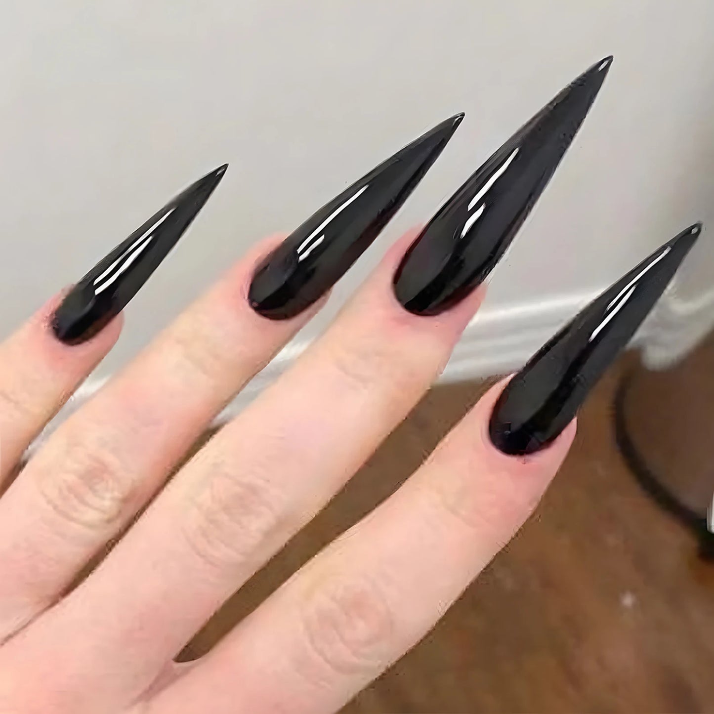 24pcs Long Pointed Fake Nail Patches Glossy Dark Black Cool Wearable Press ON Nails Solid Color Full Cover Artificial False Nail