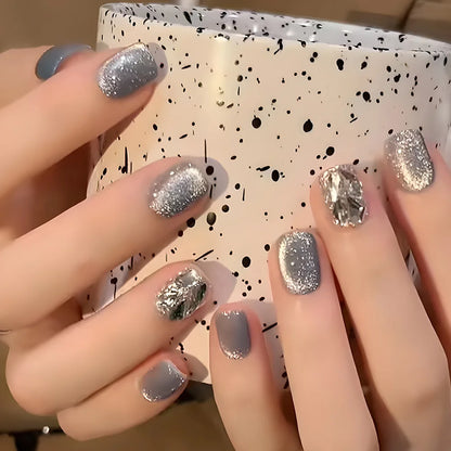 Fake Nails Square Head Cat's Eye French Nail Glitter Powder Press on Nails Waterproof Faux Fingernails False Nails