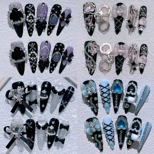 10Pcs Gothic Long Pointed Shape Pure Handmade Press On Nails Y2K Metal Chain Butterfly Knot Full Cover Fake Nails Gift Sticker