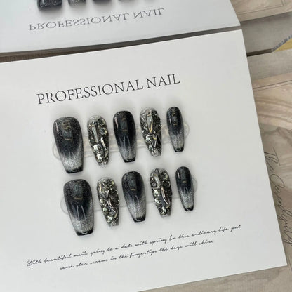 10Pcs Black Fake Handmade Nails with Rhinestone Y2K Cat's Eye French Full Cover Nail Art Tips Short Ballet Press on False Nails