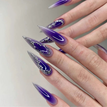 24pcs Long Pointed Fake Nail Patches Glossy Dark Black Cool Wearable Press ON Nails Solid Color Full Cover Artificial False Nail