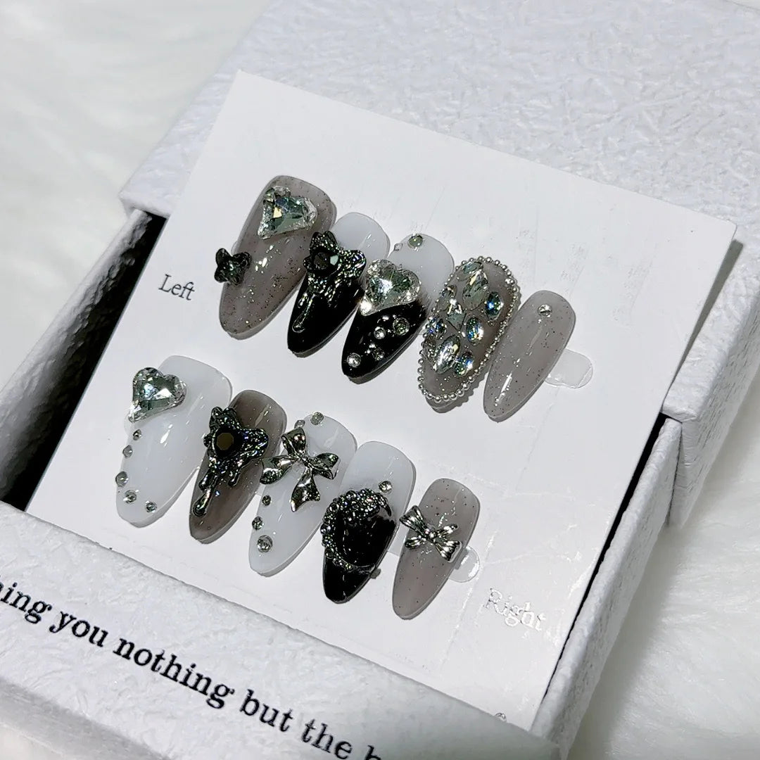10Pcs Black Almond Handmade Press on Nails Butterfly Fake Nails Wearable Stick-on Nails Rose False Nail Uñas Postizas Uñas 네일팁