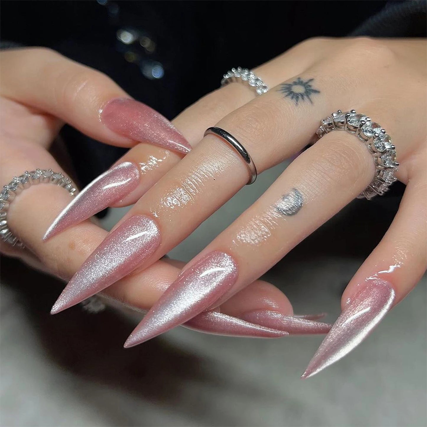 24pcs Long Pointed Fake Nail Patches Glossy Dark Black Cool Wearable Press ON Nails Solid Color Full Cover Artificial False Nail