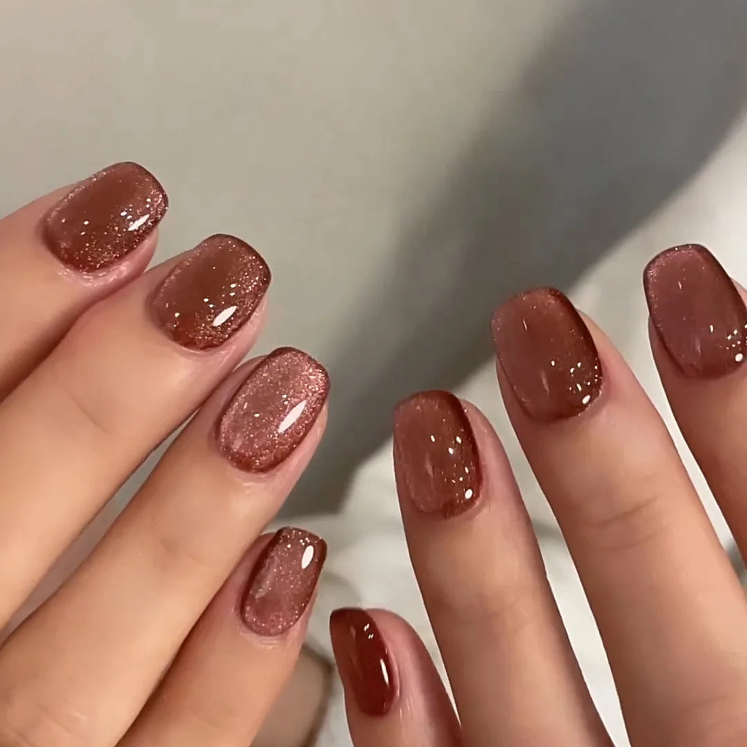 Fake Nails Square Head Cat's Eye French Nail Glitter Powder Press on Nails Waterproof Faux Fingernails False Nails