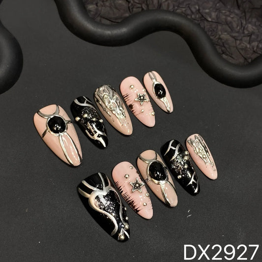 10pcs Handmade Black Irregular Mirror Powder Fake Nails Sweet Cool Spicy Girl False Nails Wearable Almond Press on Nails