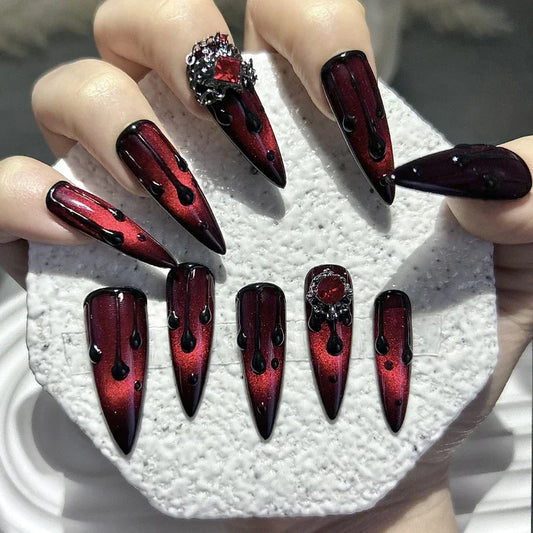 10PCS Dark Blood Red Spicy Girls Long Tip Handmade Press On Nails Red Diamonds Cat Eye Glitter Fake Nails Luxury Chains Nail Art