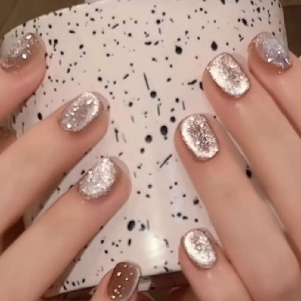 Fake Nails Square Head Cat's Eye French Nail Glitter Powder Press on Nails Waterproof Faux Fingernails False Nails