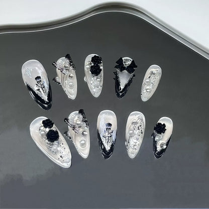10Pcs Black Almond Handmade Press on Nails Butterfly Fake Nails Wearable Stick-on Nails Rose False Nail Uñas Postizas Uñas 네일팁