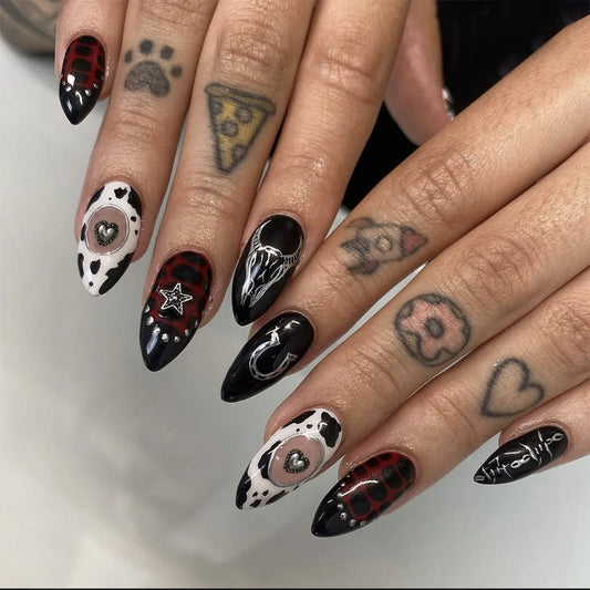 24pcs Gothic Punk Press on Nails Black White Cow Print Baroque Fake Nails for Women Girls Wearable French Almond False Nails