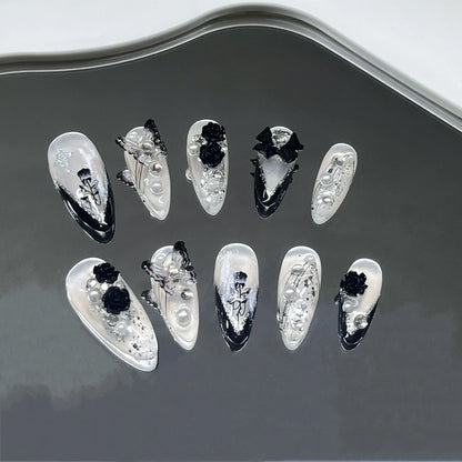 10Pcs Black Almond Handmade Press on Nails Butterfly Fake Nails Wearable Stick-on Nails Rose False Nail Uñas Postizas Uñas 네일팁