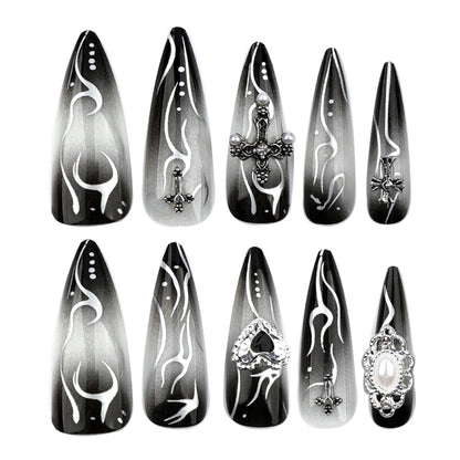 24pcs Long Almond Fake Nails Gothic Dark Black Style Press on Nails Full Cover Wearable European Heavy Metal False Nail Tips
