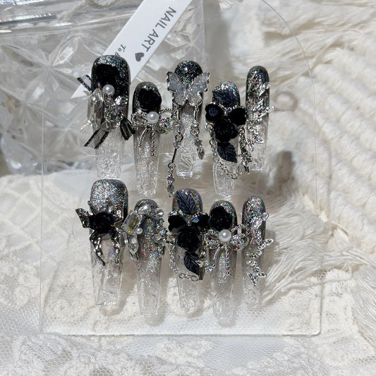 10Pcs Black Ballet Long Handmade Nails Luxury 3D Butterfly Metallic Roses Design Manicure with Glitter Gradient Diamond Nail Art