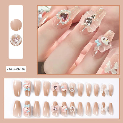 24Pcs 3D kuromi press on nails Y2K Cartoon Handmade Fake Nails Black Gel nail Wearable Nails Cinnamoroll Melody Anime False Nail