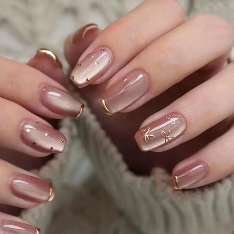 Fake Nails Square Head Cat's Eye French Nail Glitter Powder Press on Nails Waterproof Faux Fingernails False Nails