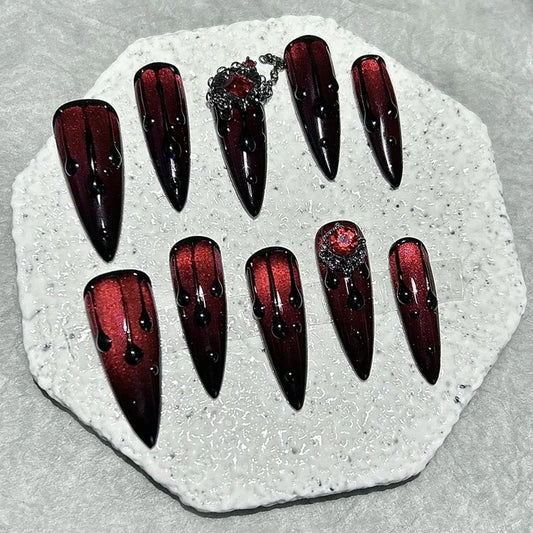 10PCS Dark Blood Red Spicy Girls Long Tip Handmade Press On Nails Red Diamonds Cat Eye Glitter Fake Nails Luxury Chains Nail Art