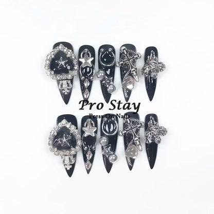 10pcs Dark black Y2k Hot Girl Handmade Press On Nails Sweet Cool  With Diamond Metal Decoration Wearable Artificial False Nail