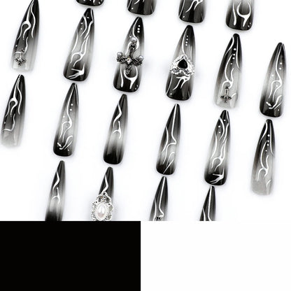 24pcs Long Almond Fake Nails Gothic Dark Black Style Press on Nails Full Cover Wearable European Heavy Metal False Nail Tips