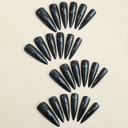 24pcs Long Pointed Fake Nail Patches Glossy Dark Black Cool Wearable Press ON Nails Solid Color Full Cover Artificial False Nail