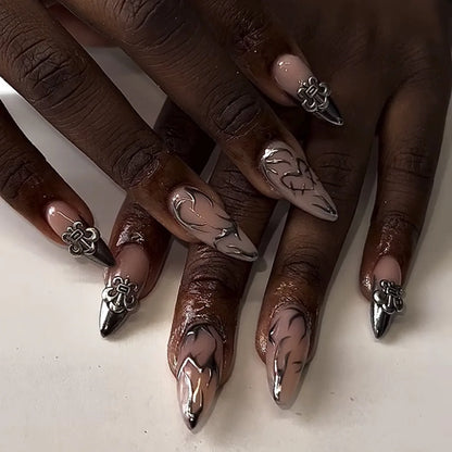 24pcs Long Almond Fake Nails Gothic Dark Black Style Press on Nails Full Cover Wearable European Heavy Metal False Nail Tips