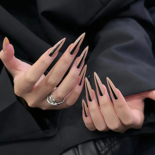 24pcs Punk Metal Fake Nails Press On Finished Long Pointed Silver Mirror y2k Nail Tips Full Cover Stiletto False Nails For Girl