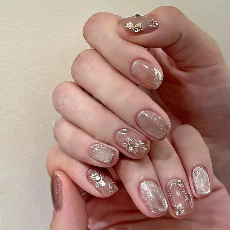 Fake Nails Square Head Cat's Eye French Nail Glitter Powder Press on Nails Waterproof Faux Fingernails False Nails