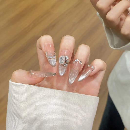 10Pcs Black Edge Glitter French Cat Eye Long Almond Fake Nails Glitter Diamond Design Handmade False Nails Press on Nail Tip Art