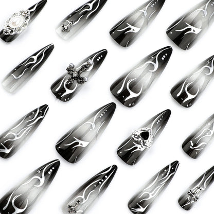 24pcs Long Almond Fake Nails Gothic Dark Black Style Press on Nails Full Cover Wearable European Heavy Metal False Nail Tips