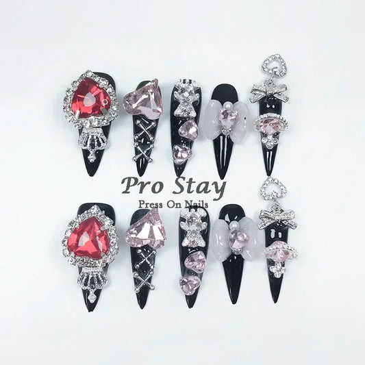 10pcs Dark black Y2k Hot Girl Handmade Press On Nails Sweet Cool  With Diamond Metal Decoration Wearable Artificial False Nail