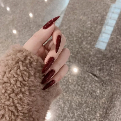 24pcs Long Pointed Fake Nail Patches Glossy Dark Black Cool Wearable Press ON Nails Solid Color Full Cover Artificial False Nail
