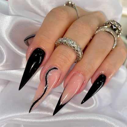 24pcs Long Pointed Fake Nail Patches Glossy Dark Black Cool Wearable Press ON Nails Solid Color Full Cover Artificial False Nail