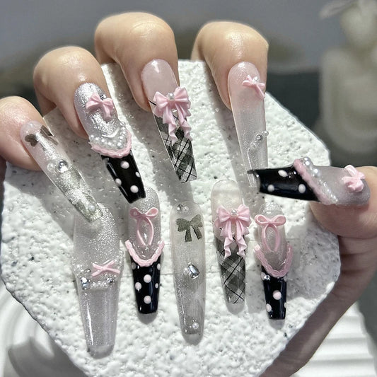 10PCS Y2K Black Pink French Handmade Press On Nails Cute Lace Ribbon Polka Dot Bow Long Nail Art Sweet Edgy Glitter Fake Nails