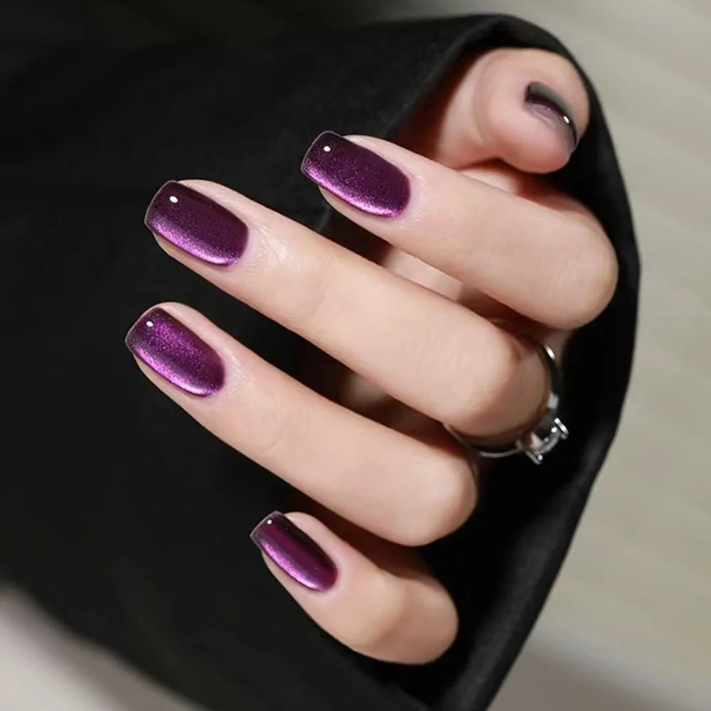 Fake Nails Square Head Cat's Eye French Nail Glitter Powder Press on Nails Waterproof Faux Fingernails False Nails
