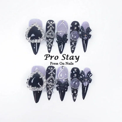 10pcs Dark black Y2k Hot Girl Handmade Press On Nails Sweet Cool  With Diamond Metal Decoration Wearable Artificial False Nail