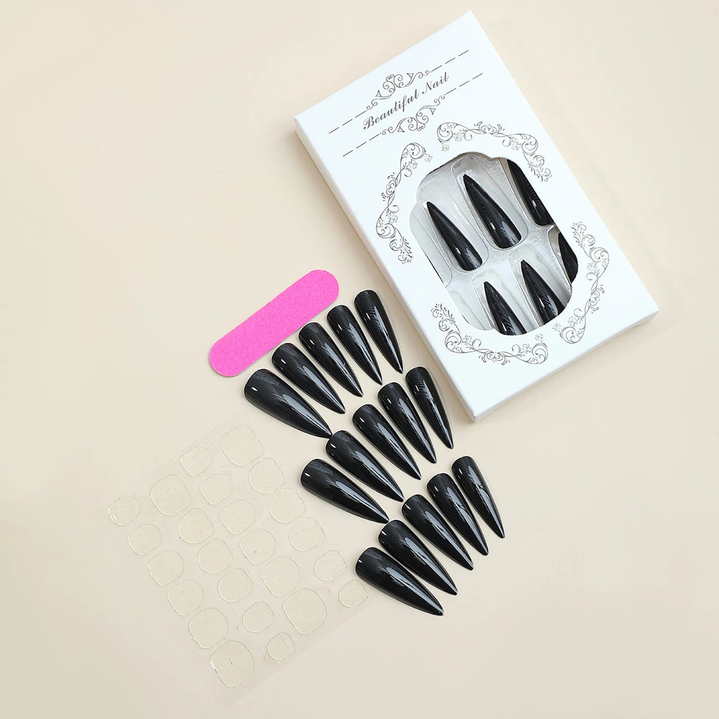 24pcs Long Pointed Fake Nail Patches Glossy Dark Black Cool Wearable Press ON Nails Solid Color Full Cover Artificial False Nail